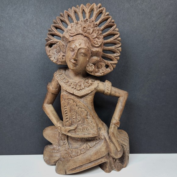 Vintage Bali Dancer Wood Carved Figurine Statue Balinese Detailed Decor